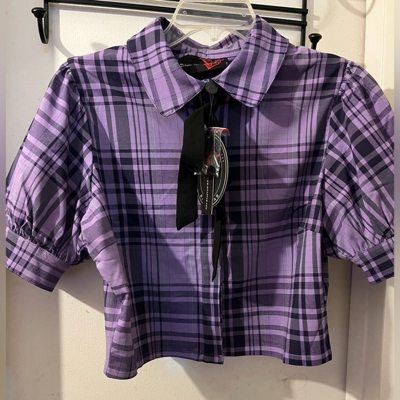 Killstar Tops - Killstar XXL 2XL cropped shirt school girl plaid tarten blouse NEW NWT purple
